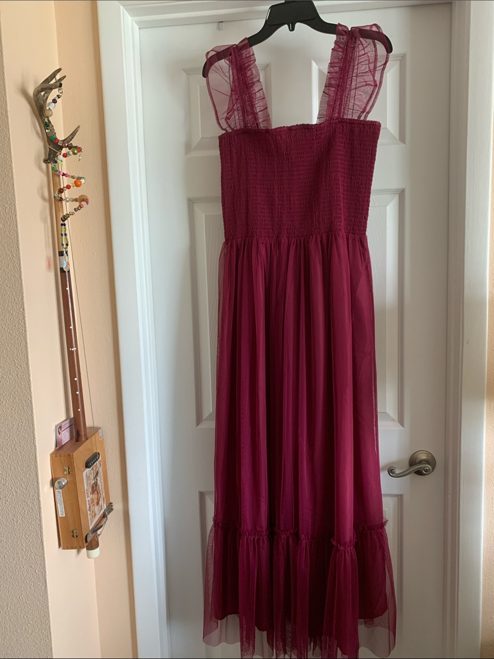 Melloday Magenta Tiered Maxi Dress with Sheer Ruffled Straps